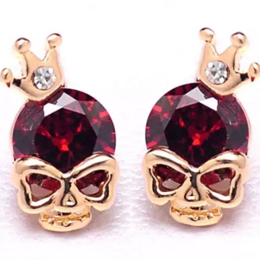 Gold and Red Skull Gemstone Earrings